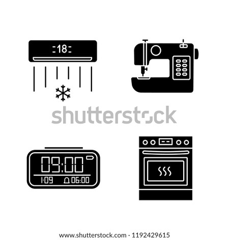 Household appliance glyph icons set. Air conditioner, sewing machine, digital clock, kitchen stove. Silhouette symbols. Vector isolated illustration