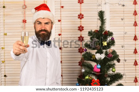 Man with beard and bow tie holds glass of champagne. Celebration and cheers concept. Guy near Christmas tree on wooden wall background. Santa Claus in red hat with tricky smiling face in festive room