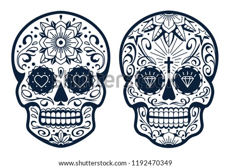 Vector Mexican Skulls with Patterns. Old school tattoo style sugar skulls. Black and white illustration.