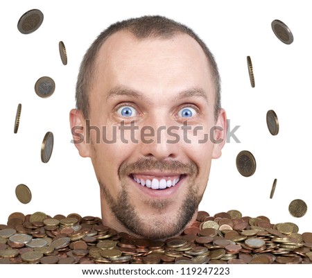 head of man in a heap of euro coins, rain of money