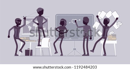 Students behaving badly in a classroom, making fun, mess and trouble, misconduct pupils disorganizing school learning process. Vector flat style and line art cartoon illustration, black silhouette