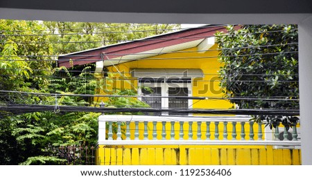Vintage wooden house in yellow color with tree around area, beautiful old residence in Asia, closeup picture, environmentally friendly concept   