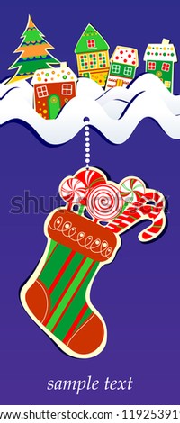 Snow-covered Village, Christmas Gift Sock, Vector Clip-Art Illustration