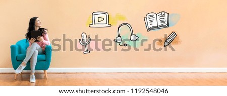 E-Learning illustration with young woman holding a tablet computer in a chair