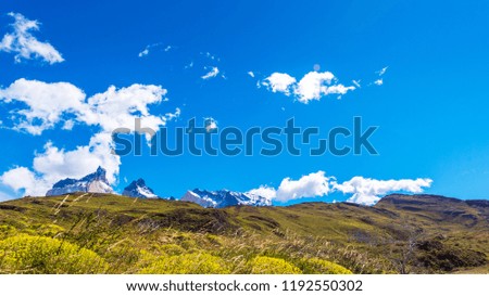 View of the mountain landscape in the national park Torres del Paine, Patagonia, Chile, South America. Copy space for text