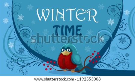 Christmas bullfinch with frosty rowan Cartoon vector card of Winter time. Template for printing Bright colorful postcard snowflake pattern bird on a winter background on a branch of viburnum Xmas