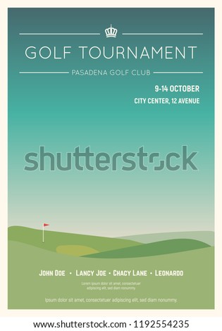 Retro style golf club poster. Blue sky and green golf field. Golfclub competition poster. Championship or tournament text placeholder. Template for golf competition or championship event. Royalty-Free Stock Photo #1192554235
