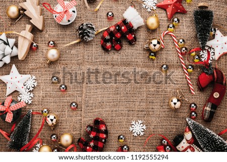 festive celebration background with christmas decorating items on old vintage rattan floor with free copy space
