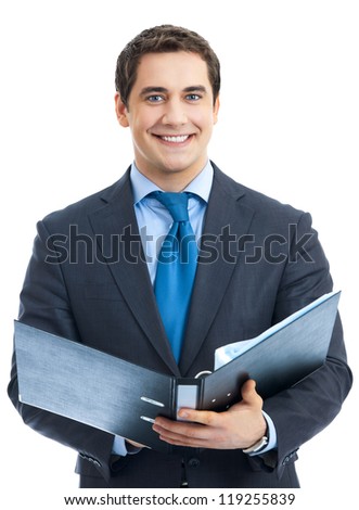 Portrait of happy smiling young businessman with black folder, isolated over white background