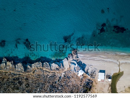 Aerial view of idyllic beach in Mediterranean (Albania Riviera) Location is Sphella Lukove, Albania