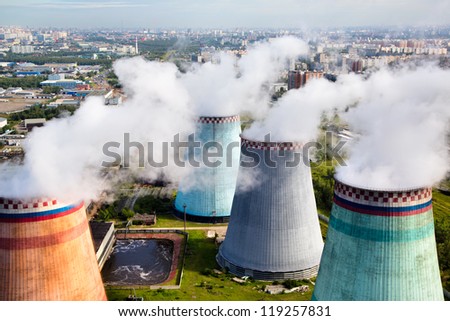 Aerial view of pipes of the thermal power plant Royalty-Free Stock Photo #119257831
