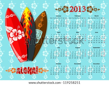 European blue Aloha vector calendar 2013 with surf boards, starting from Mondays