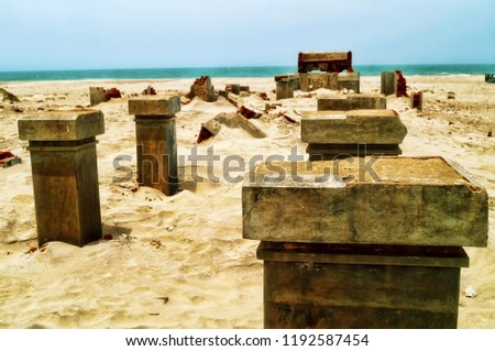Image of the ruined sites of Ghost Town amidst the remains (named because it was destroyed in Tsunami 2004),Dhanushkodi,Tamil Nadu,India