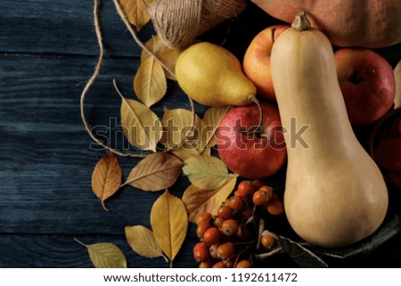 Autumn composition with pumpkin and autumn fruits with apples and pears and yellow leaves on a dark blue table. top view