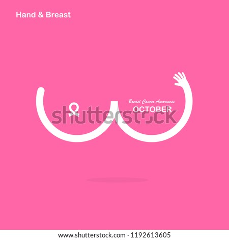 Hand shape & Breast icon.Breast Cancer October Awareness Month Campaign banner.Women health concept.Breast cancer awareness month logo design.Realistic pink ribbon.Pink care logo.Vector illustration