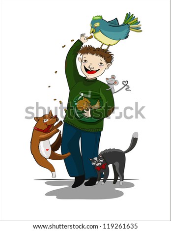 Cartoon man with a parrot, a dog, a cat, a mouse and a small fish in an aquarium
