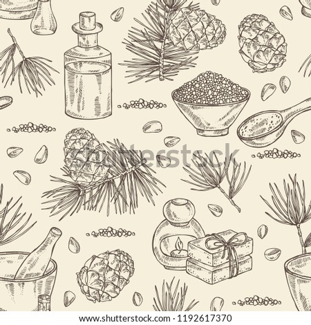 Seamless pattern with cedar: branch, cedar cone, oil, soap and bath salt . Cosmetic and medical plant. Vector hand drawn illustration. 