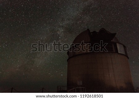 Dark and clear starry night sky with the Milky Way behind the Nordic Optical Telescope in La Palma, Canary Islands, Spain