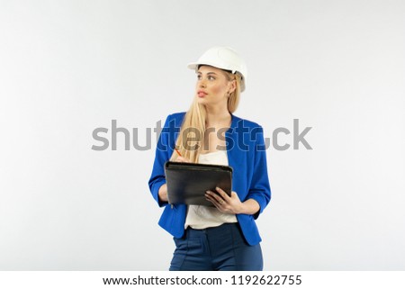 Worker contractor woman on white background. The foreman builder accepting or controling the work