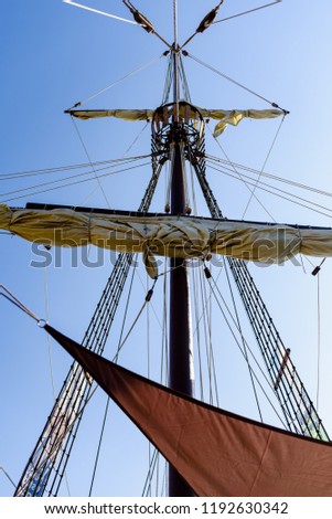 Mainmast and rope ladders to hold the sails of a sailboat.