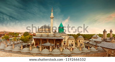 Mevlana Tomb and Mosque in Konya City. Mevlana museum view from above , Mevlana Celaleddin-i Rumi is a sufi philosopher and mystic poet of Islam. Royalty-Free Stock Photo #1192666102