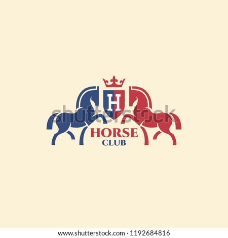 Horse club logo design template with two horses and a shield. Vector illustration.