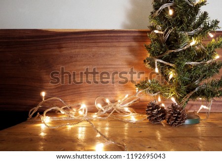 Christmas rustic background - old wood with lights and free text