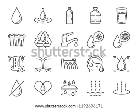 Water icon set. Included icons as water drop, moisture, liquid, water bottle, litter and more.