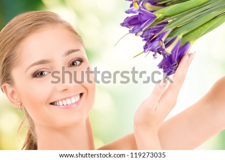 picture of happy girl with flowers over green