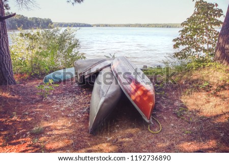 Canoes pulled up on the shore of a lake