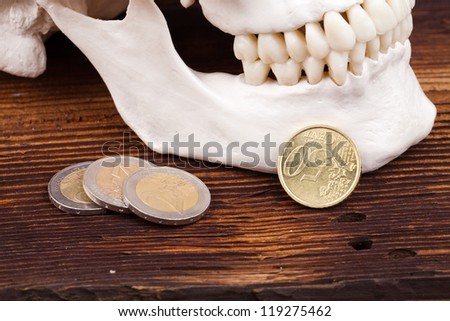 human scull with coins