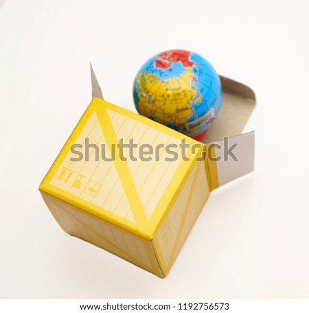 Concept Global Business - Open Cardboard Box with Earth. blue  globe.
