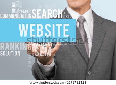 Businessman showing digital signs on background