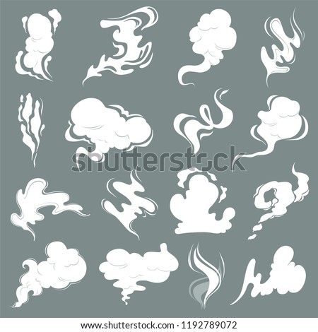 Steam clouds. Cartoon dust smoke smell vfx explosion vapour storm vector pictures isolated. Smoke steam, vapour and smell, vapor cloud, aroma perfume illustration