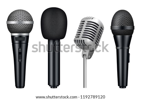 Microphones 3d. Music studio misc mic equipment vector realistic pictures of vintage style microphones isolated. Illustration of mic media, microphone for karaoke and concert Royalty-Free Stock Photo #1192789120