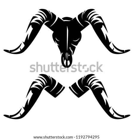 ram or goat en face skull with horns - black and white vector silhouette design