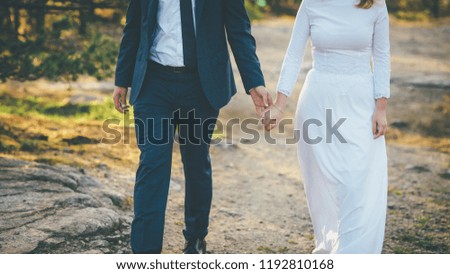 Just married couple walking in the pine forest close up hands