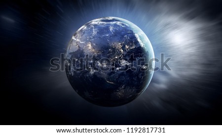 Earth in the night. View from space. Galaxy on the background. Rotation of the planet. Elements of this image furnished by NASA