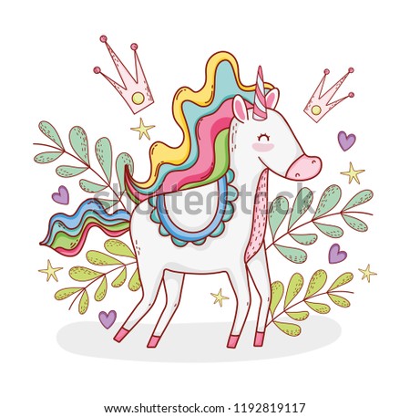 cute unicorn with plants leaves and crowns