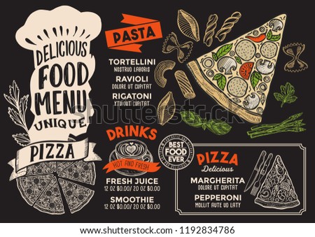 Pizza menu template for restaurant on a blackboard background vector illustration brochure for food and drink cafe. Design layout with vintage chefs hat lettering and doodle hand-drawn graphic.
