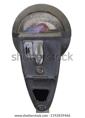Retro parking meter with time isolated on white background.