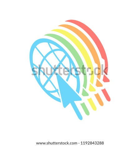 Globe and arrow icon. Stack of colorful isometric icons on white background