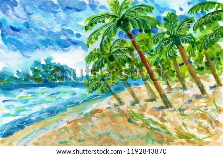 Hand drawn watercolor illustration. Sketch style. Summer landscape. Green palm trees on beach. Ocean or sea. White sand. Caribbean seascape. Turquoise blue cloudy sky. For post cards and posters