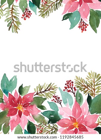 Watercolor Christmas template with evergeen plants. Poinsettia, spruce and red berries floral arrangement