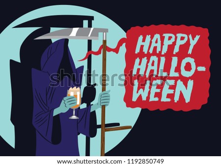 Cartoon style illustration, suitable for Halloween, of a character depicting death with a scythe in one hand and a beer glass in the other, with a text that wishes a happy Halloween.