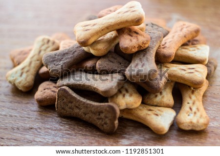 Dog tasty colored biscuits on wooden background