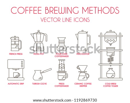 Coffee brewing methods, vector thin line icon or symbol set: cold brew coffee tower - kyoto dripper, french press, moka pot, pour over coffeemaker, percolator, automatic drip, turkish cezve. Royalty-Free Stock Photo #1192869730