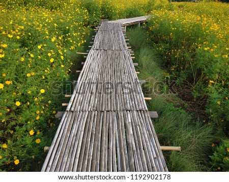 Bamboo bridge in flower garden