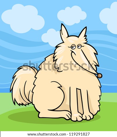Cartoon Illustration of Funny Purebred Eskimo Dog or Spitz against Blue Sky and Green Grass