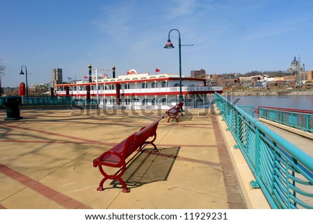         A picture of a showboat parked next to plaza on Harriet Island in Minnesota Royalty-Free Stock Photo #11929231